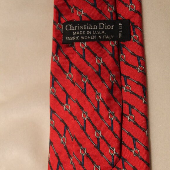DIOR Italian Red Silk Tie with Equestrian Stirrup print VTG - Picture 2 of 5